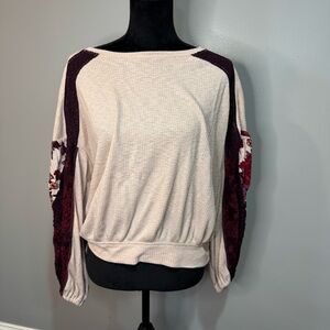 Free People Casual Clash Balloon Sleeve Thermal Top Rose Petal Print Women's